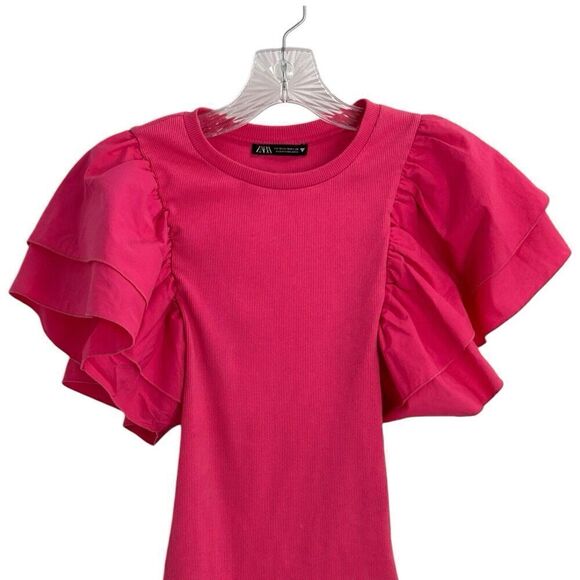 Zara Pink Ruffled Sleeve Bodysuit Ribbed Body Size M - Picture 3 of 10